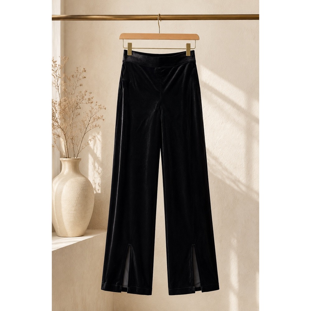 Spanx Velvet Wide Leg Pants Women M Black Slit Hem High Rise Holiday Evening
